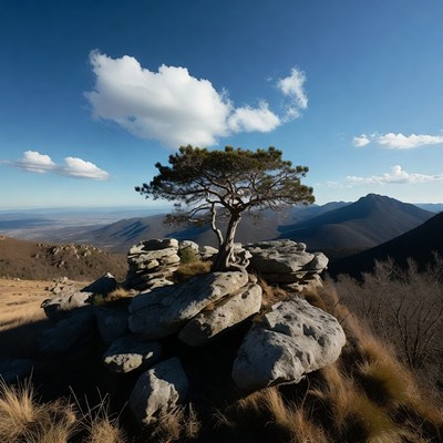Lone pine tree on rocky mountain peak