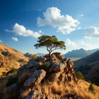 Lone pine tree on rocky mountain peak