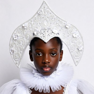 African girl in white lace kokoshnik headdress