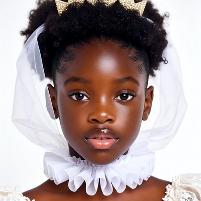 Black girl in gold crown and white gown