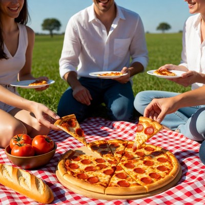 Group eating pizza picnic outdoors
