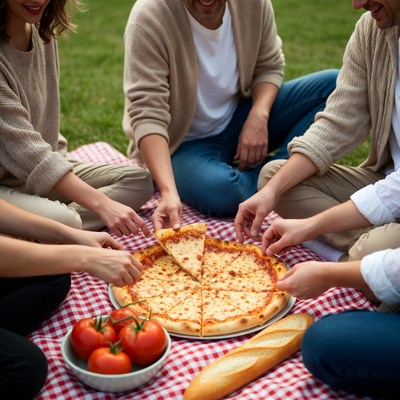 Group sharing pizza picnic outdoors