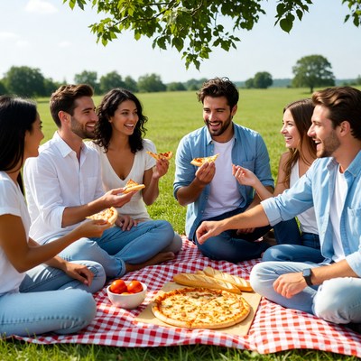 Group eating pizza picnic outdoors