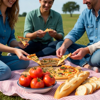 Friends Eating Pizza Picnic Outdoors