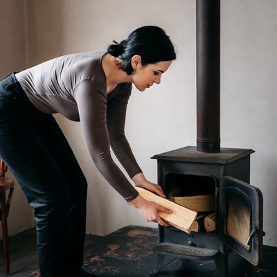 Woman loading wood into stove