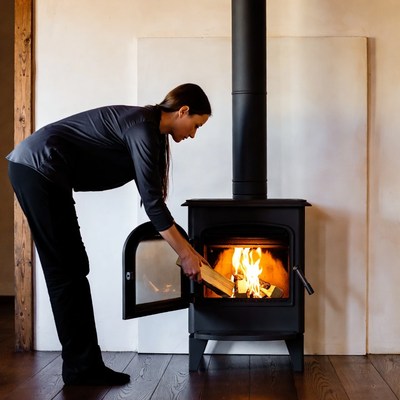 Woman adding wood to fireplace