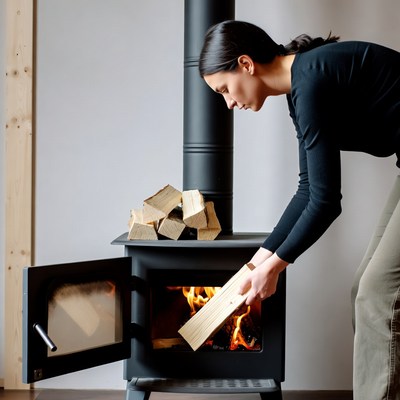 Woman adding firewood to wood stove