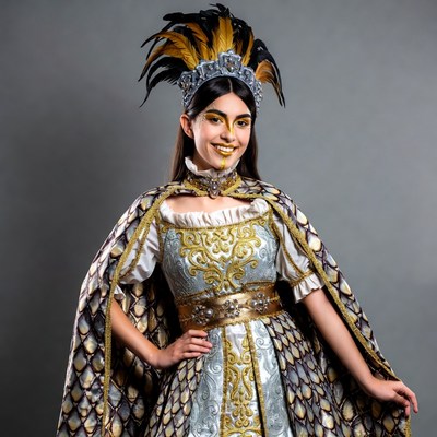 Woman in feathered headdress and ornate gown