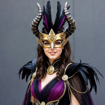 Woman in gold demon mask costume
