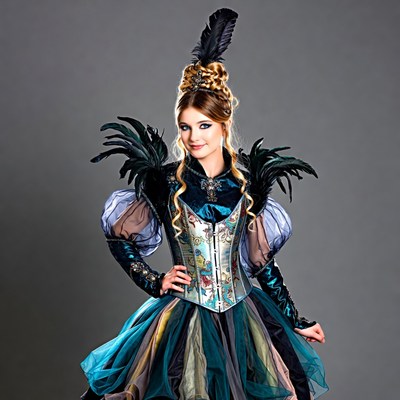 Woman in Elaborate Feather Corset Gown