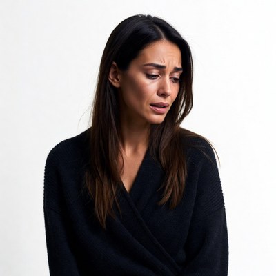 Sad woman with tears on white background