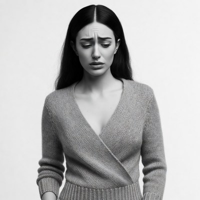Woman with furrowed brow in sweater