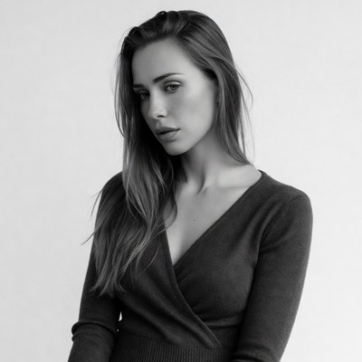 Woman with long hair in black and white portrait