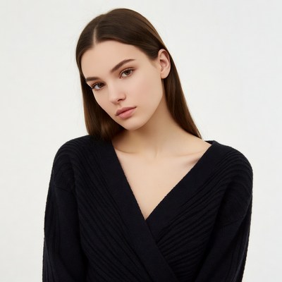 Woman in black v-neck sweater