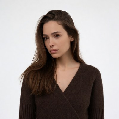 Woman in brown wrap sweater