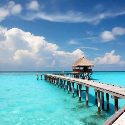 Overwater bungalow on turquoise pier