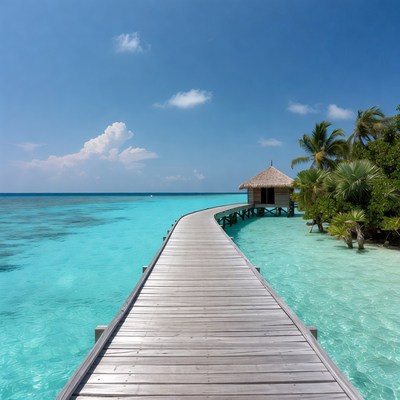 Wooden walkway to overwater bungalow