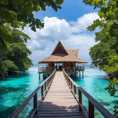 Overwater bungalow with wooden walkway