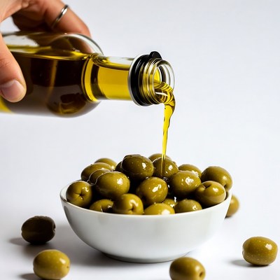 Hand pouring olive oil on olives