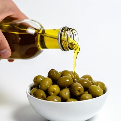 Hand pouring olive oil on olives
