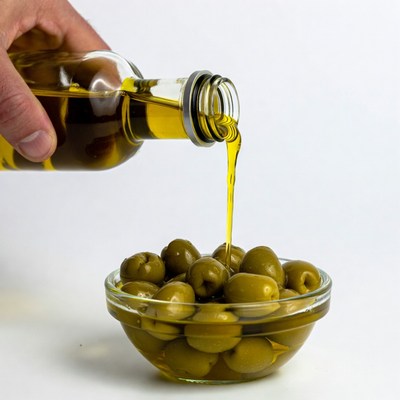Hand pouring olive oil on olives
