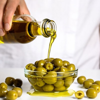 Hand pouring olive oil on olives