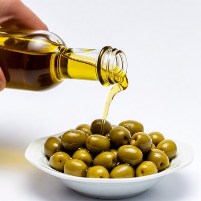 Hand pouring olive oil on olives