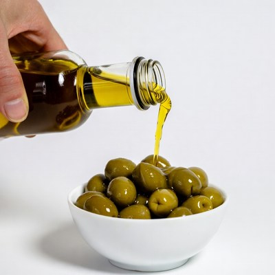 Hand pouring olive oil on olives