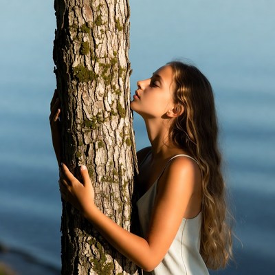 Woman hugging tree by lake