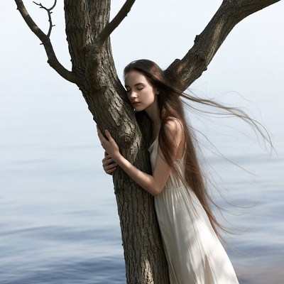 Woman hugging tree by lake