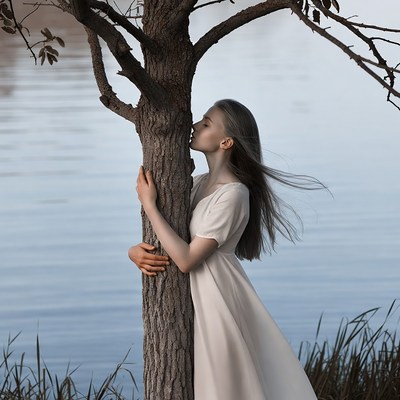 Woman hugging tree by lake