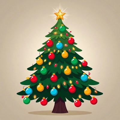 Illustrated Christmas Tree with Star and Ornaments