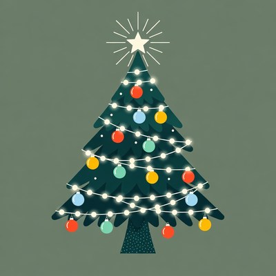 Illustrated Christmas Tree with Lights and Ornaments