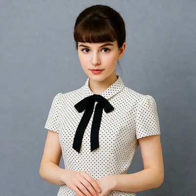 Woman in polka dot dress with bow tie
