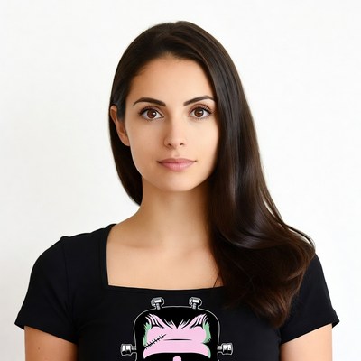 Woman wearing Frankenstein t-shirt