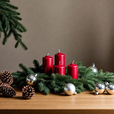 Christmas Pine Garland with Red Candles