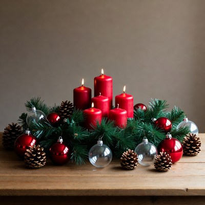 Red candles Christmas wreath arrangement