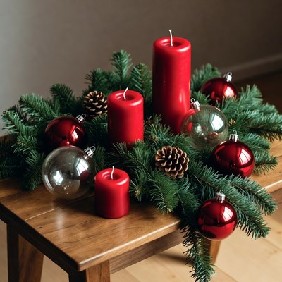 Christmas Candle Wreath on Wooden Table