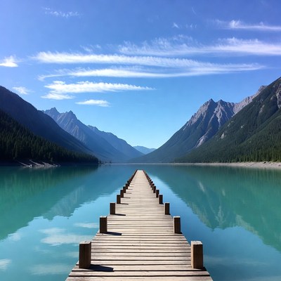 Wooden pier extending into turquoise lake