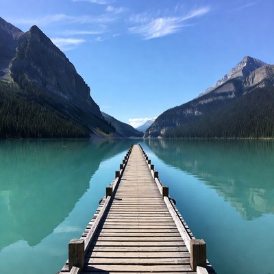 Wooden pier over turquoise lake mountains