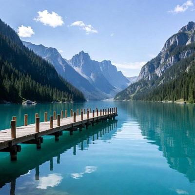 Wooden Pier on Turquoise Alpine Lake