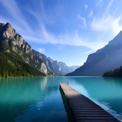 Wooden Pier on Turquoise Alpine Lake