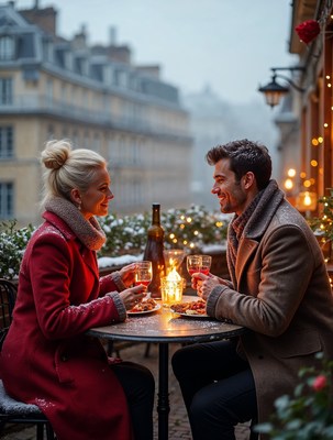 Couple dining romantically on Paris balcony