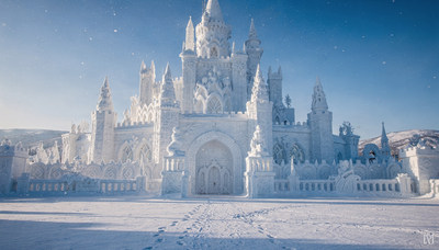 Majestic Ice Castle Sculpture in Snow