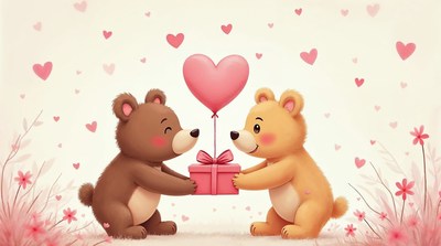 Two cute bears exchanging gift and hearts