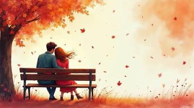 Couple sitting on bench under autumn tree