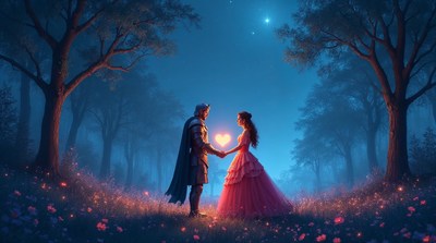 Knight and princess holding hands in forest