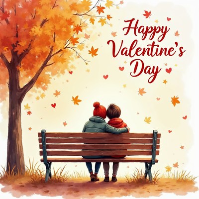 Couple on bench in autumn Valentine's illustration