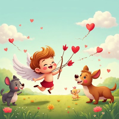 Cute Cupid with mouse and dog