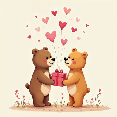 Two bears exchanging Valentine's gift